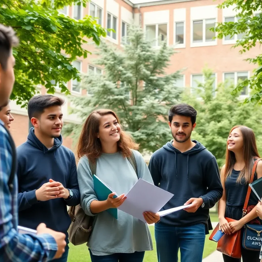 Students engaged in discussions on a university campus, highlighting leadership and ethics education.