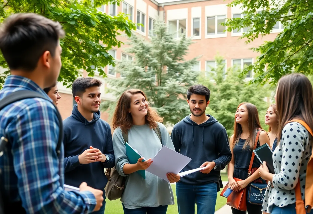 Students engaged in discussions on a university campus, highlighting leadership and ethics education.