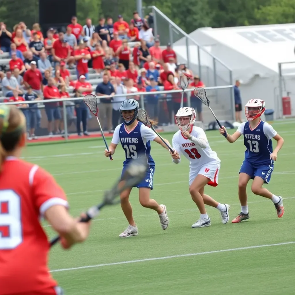 Detroit Mercy lacrosse players celebrating a victory on the field.