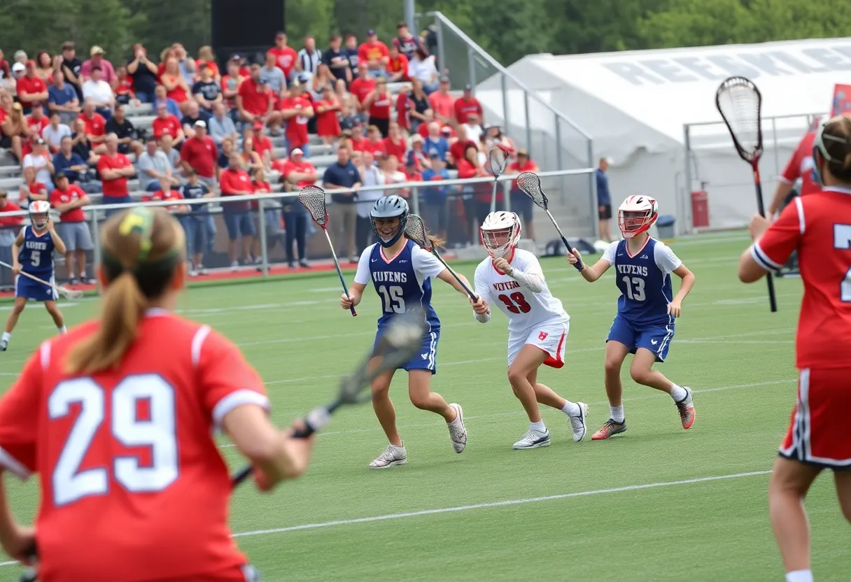 Detroit Mercy lacrosse players celebrating a victory on the field.