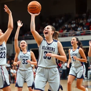 Women basketball players in action with a crowd cheering in the background