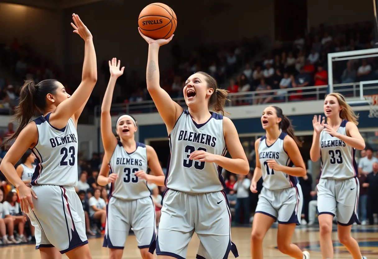 Women basketball players in action with a crowd cheering in the background