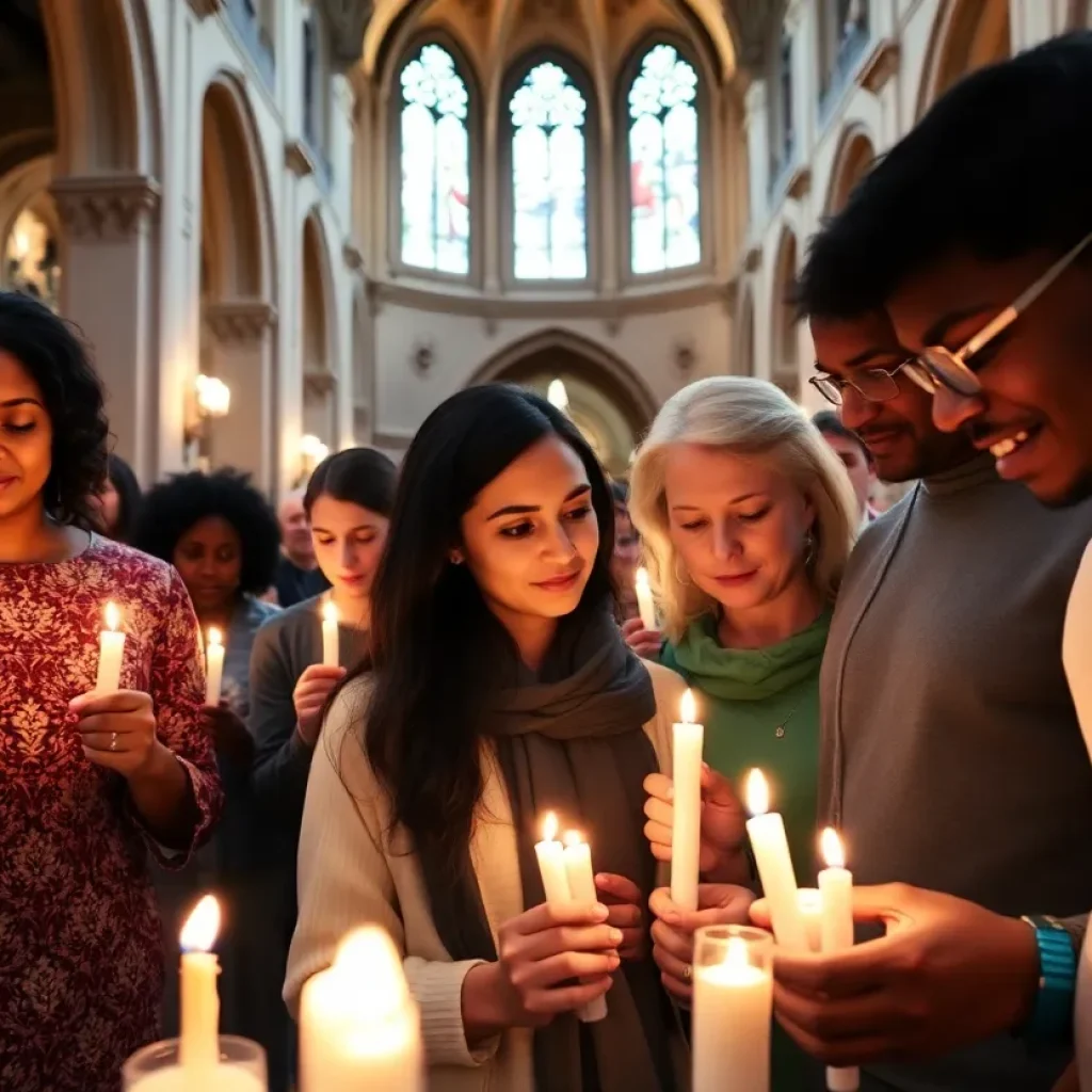 Community members gather for a memorial Mass honoring Pope Francis.