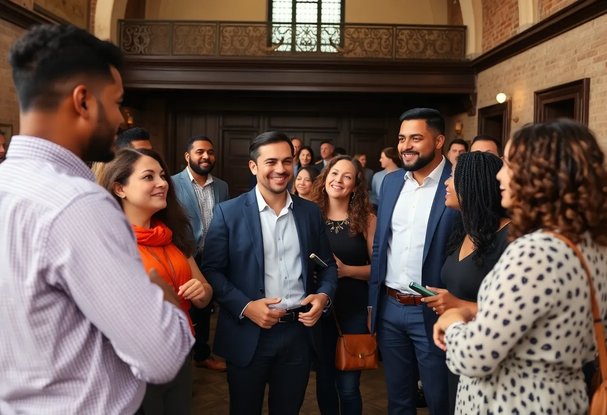 Professionals networking in a historic venue in Detroit