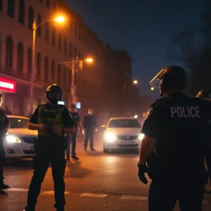 Police officers responding to an incident in Detroit at night.