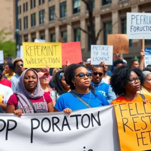 Diverse crowd at a political rally in Detroit advocating for Black representation.