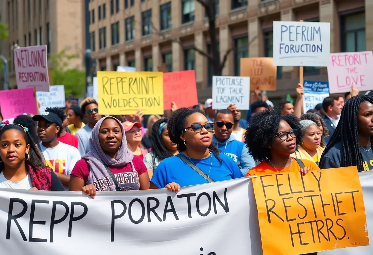 Diverse crowd at a political rally in Detroit advocating for Black representation.