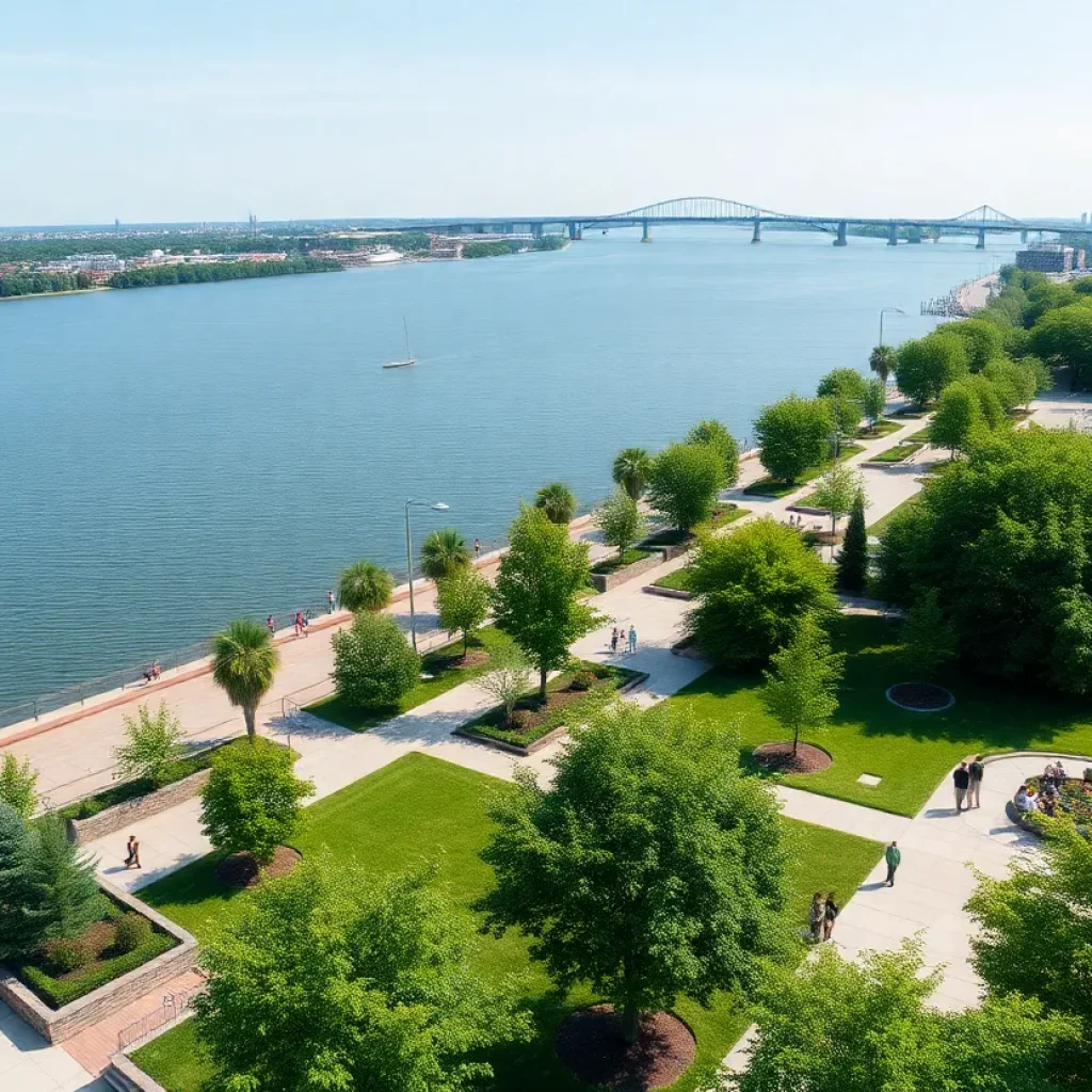 Panoramic view of Detroit Riverfront with community members.
