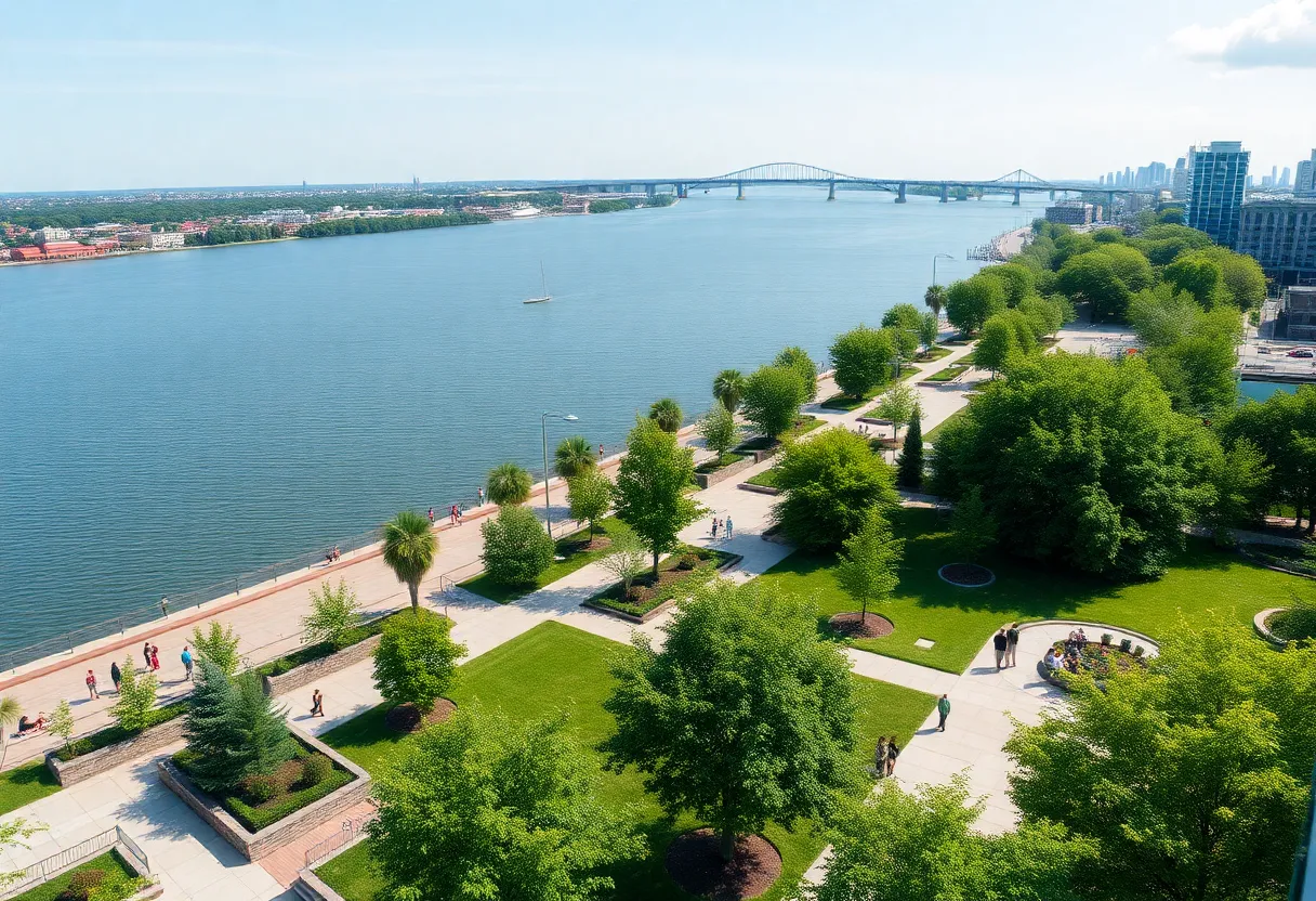 Panoramic view of Detroit Riverfront with community members.