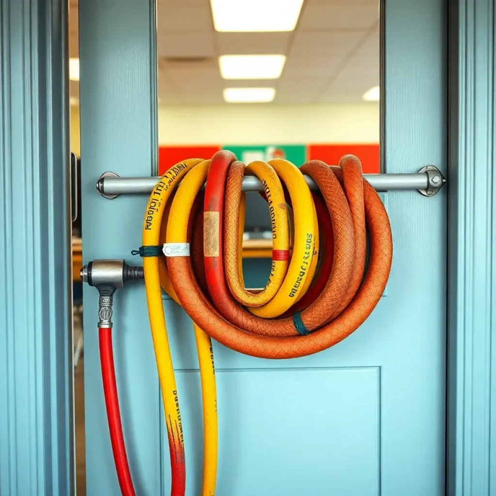 Old fire hoses used to secure a school door in Detroit