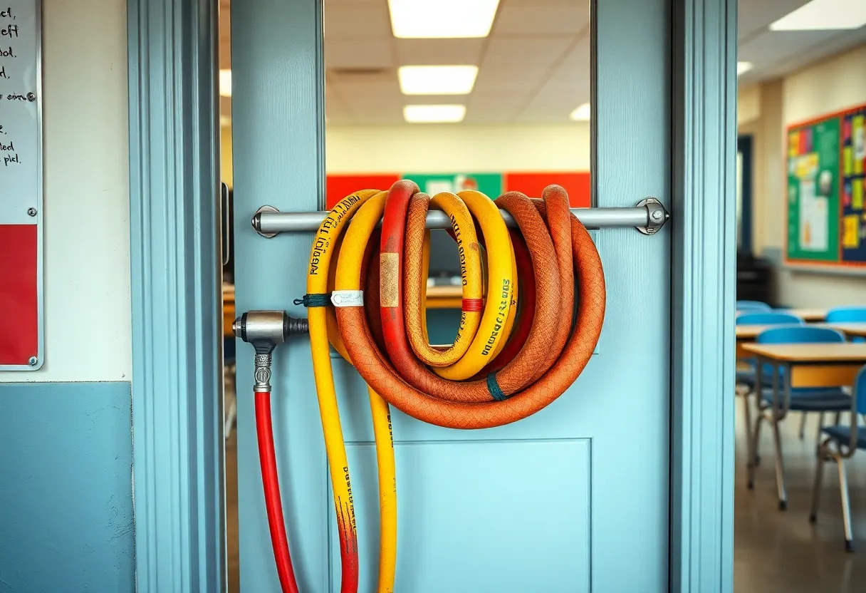 Old fire hoses used to secure a school door in Detroit