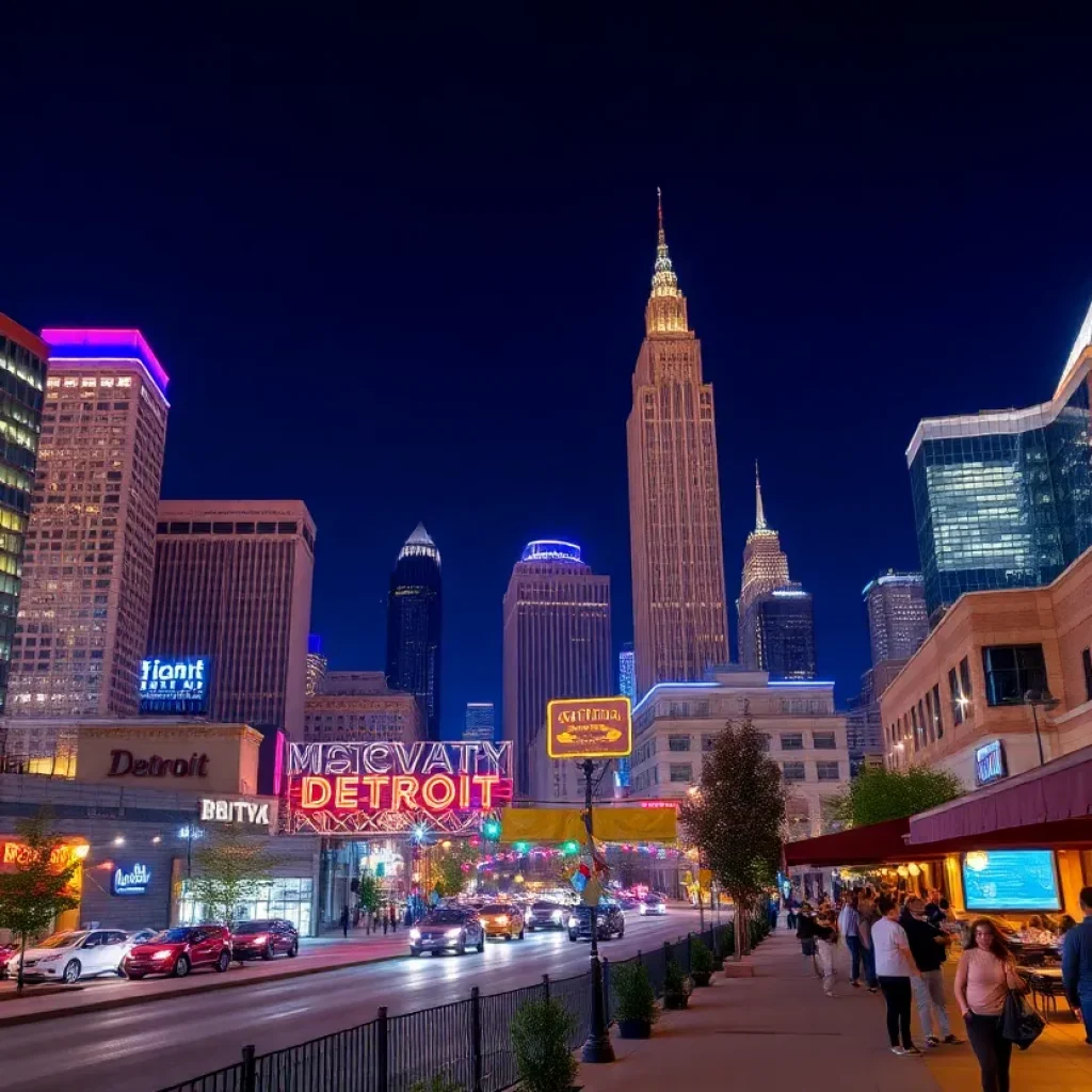 Illuminated skyline of Detroit featuring skyscapers and bustling streets