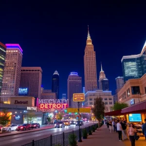 Illuminated skyline of Detroit featuring skyscapers and bustling streets
