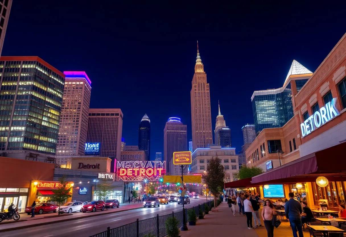 Illuminated skyline of Detroit featuring skyscapers and bustling streets