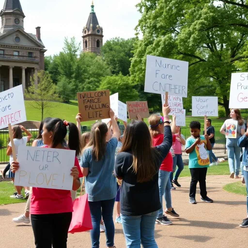 Children protesting against steam vent construction near Lafayette Park playground