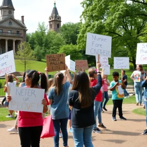 Children protesting against steam vent construction near Lafayette Park playground