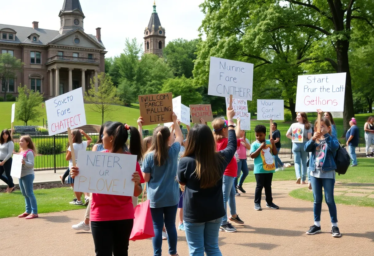 Children protesting against steam vent construction near Lafayette Park playground