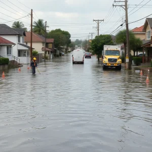 Flooded street and repair crew after Detroit water main break