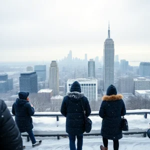 A snowy winter scene in Metro Detroit with people in winter attire.