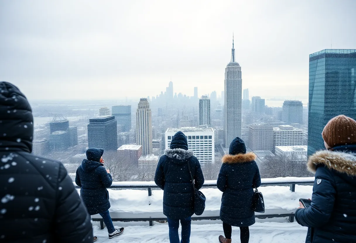 A snowy winter scene in Metro Detroit with people in winter attire.