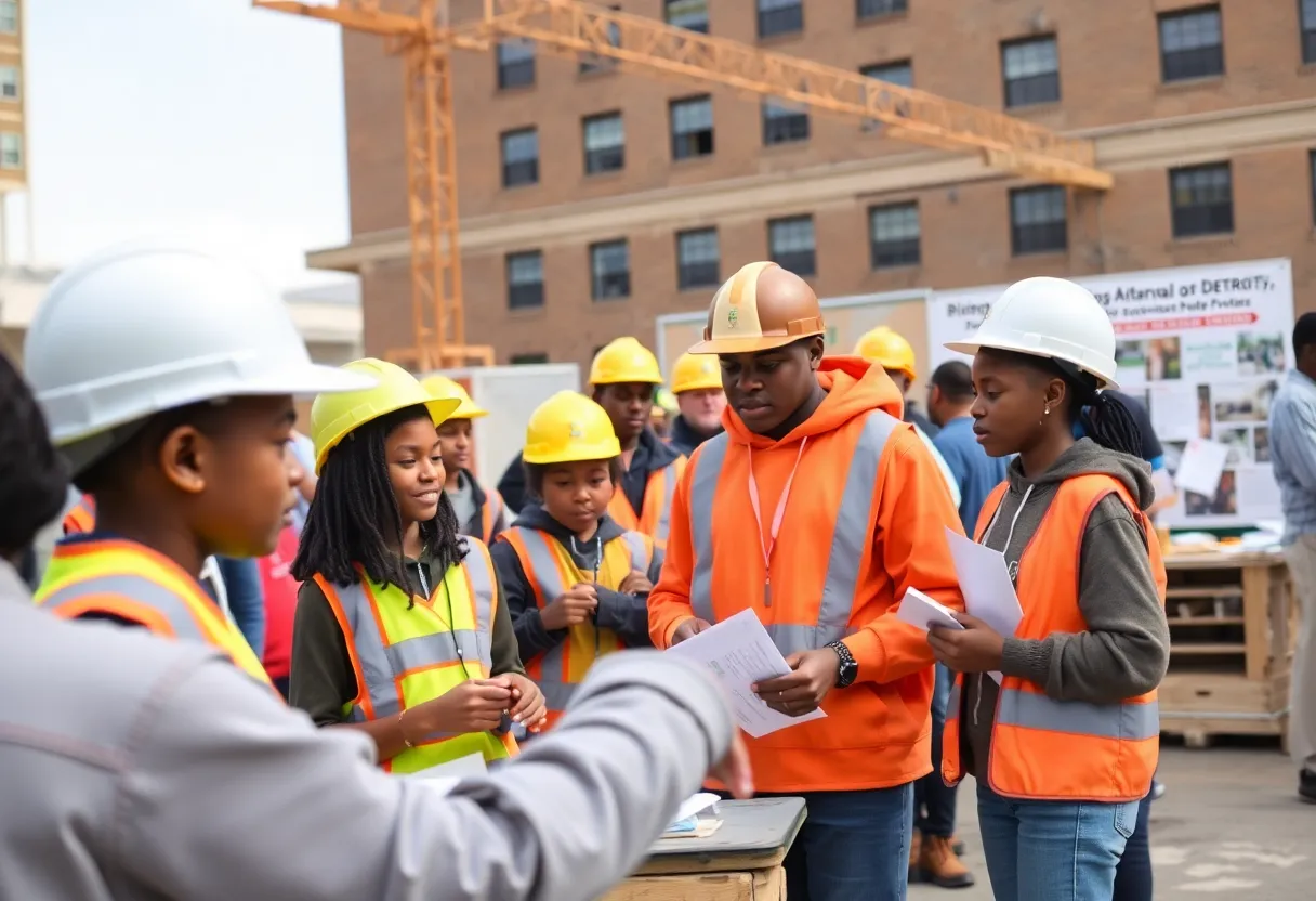 Youth at a community event learning about apprenticeship programs in Detroit