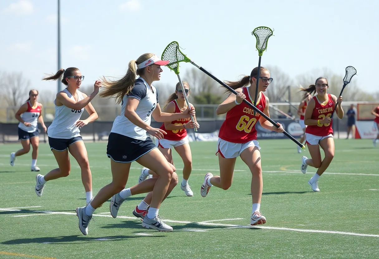 Eastern Michigan women's lacrosse team celebrating a victory on the field