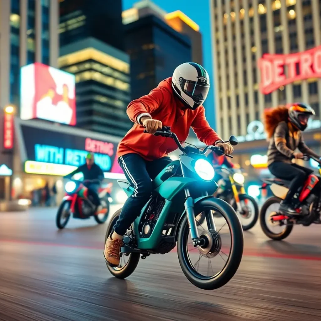 Winning poster design for Detroit Grand Prix featuring roller-skating in downtown Detroit