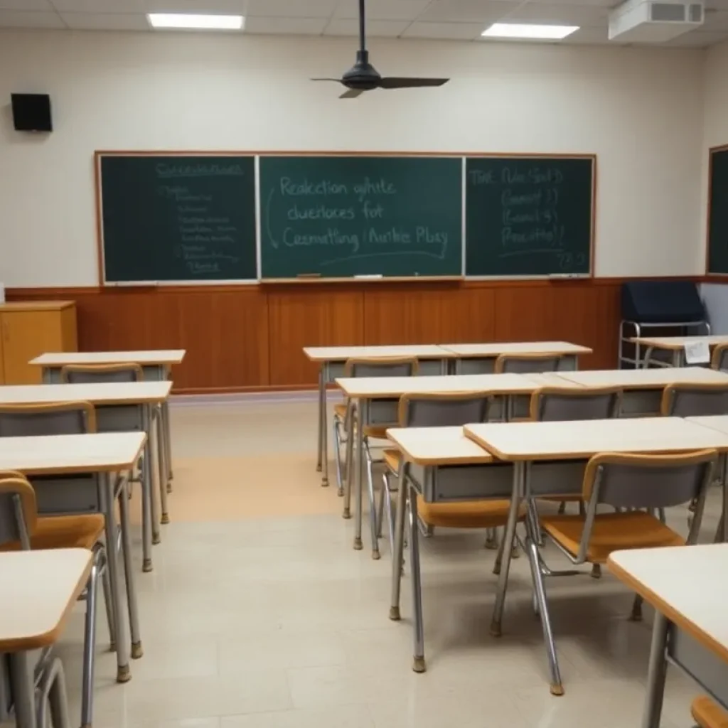 An empty classroom in a Michigan school, representing declining student enrollment.