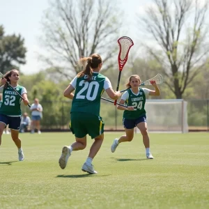 EMU women's lacrosse team celebrating a goal during the game