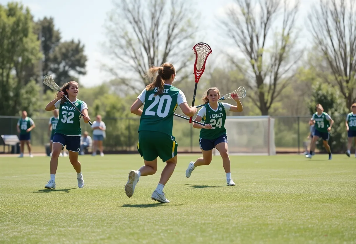 EMU women's lacrosse team celebrating a goal during the game
