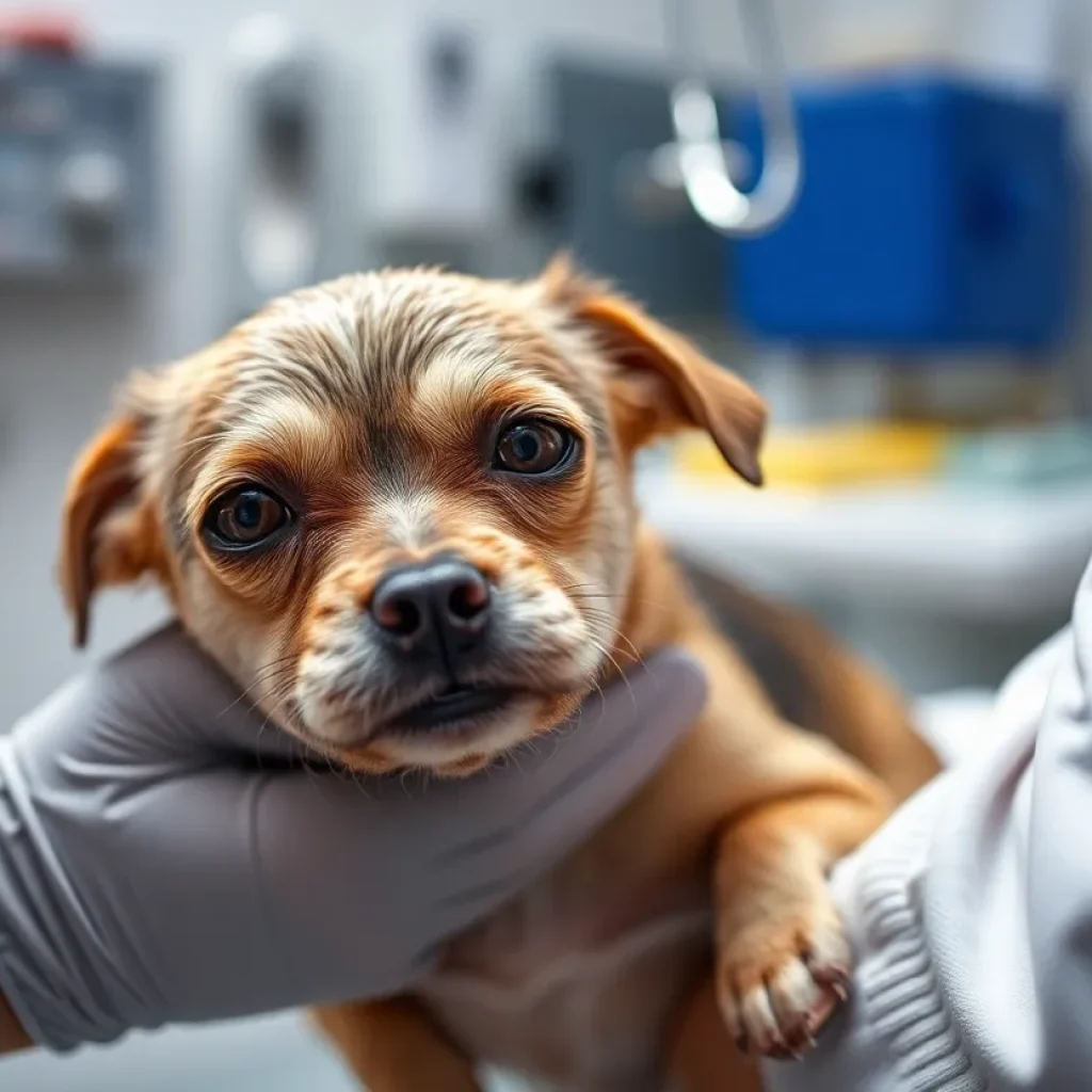 A small dog receiving care at a veterinary clinic after a rescue.