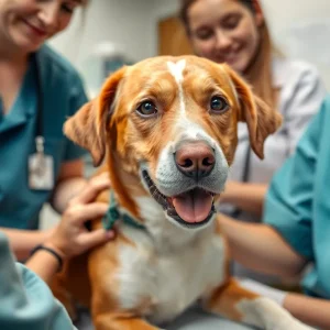 Rescued dog receiving medical attention at a clinic