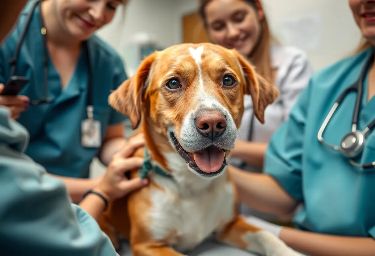 Rescued dog receiving medical attention at a clinic