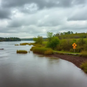 Flooded riverbank in Southeast Michigan during rainy weather