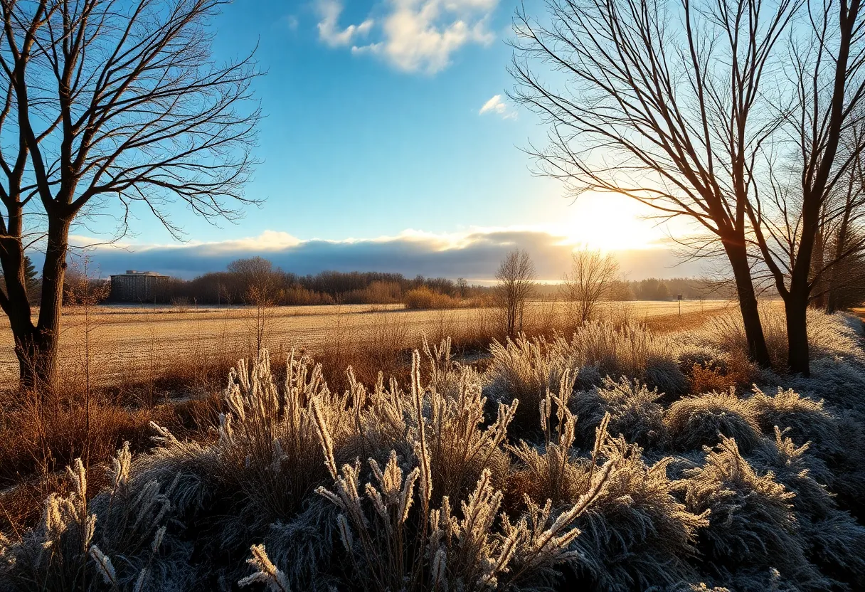 A frosty morning landscape of Metro Detroit in spring