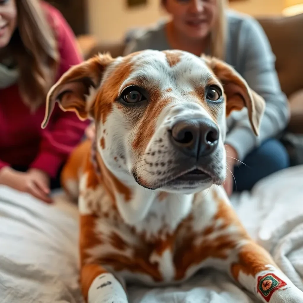 A resilient dog recovering from burns, surrounded by love.