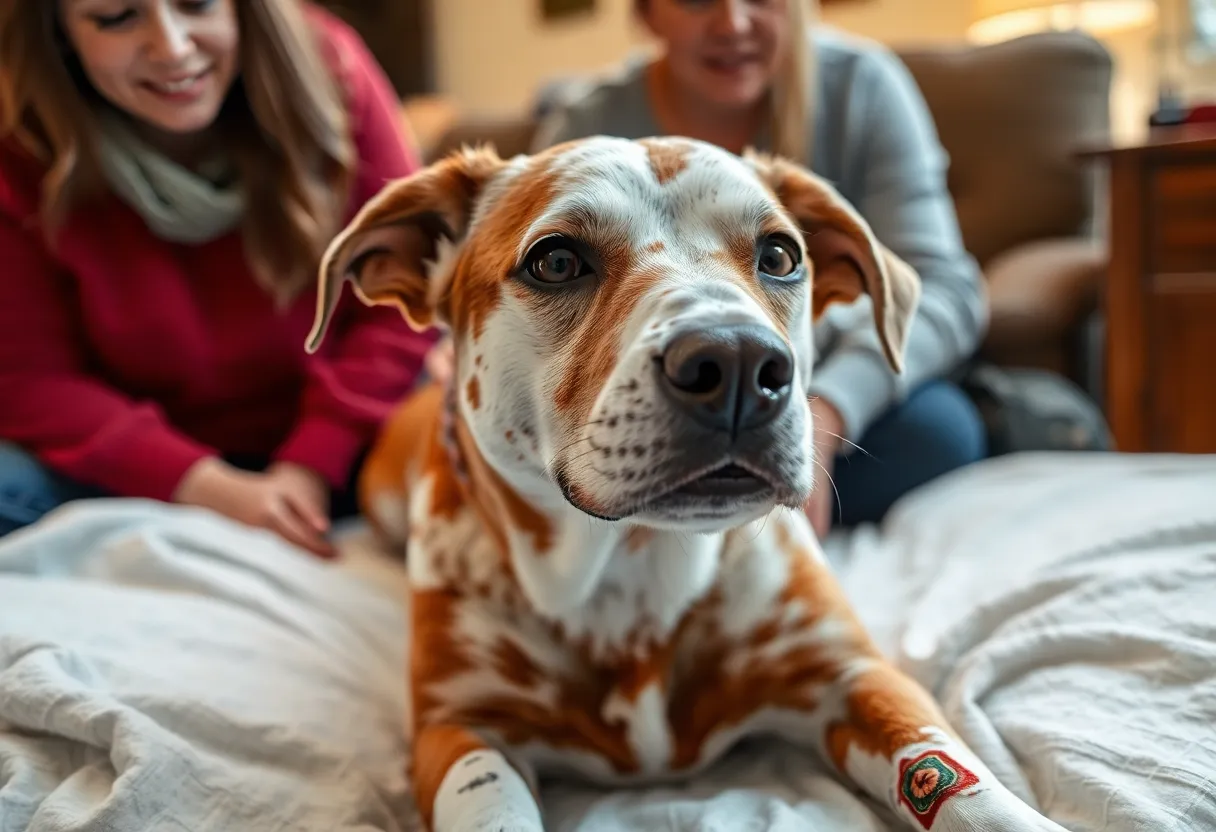 A Jack Russell Terrier recovering from injuries in a loving home setting.