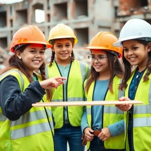 Girls participating in construction activities during Demolition Week in Detroit