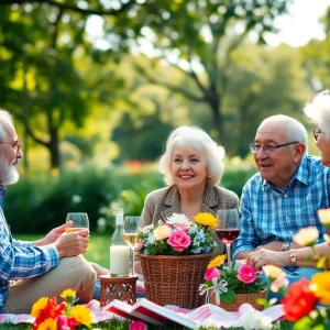 Diverse group of older adults enjoying a picnic in a park