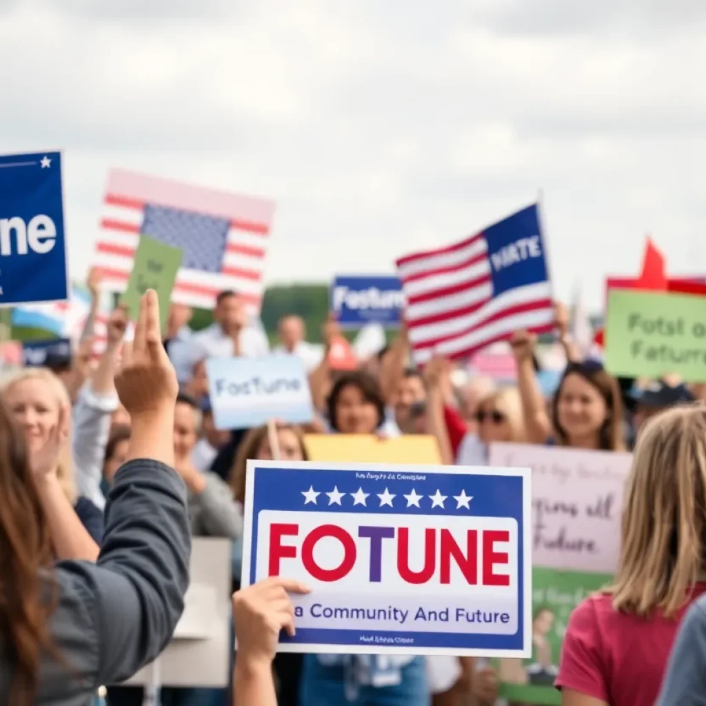 Vibrant illustration of a political campaign showcasing community support and campaign themes.