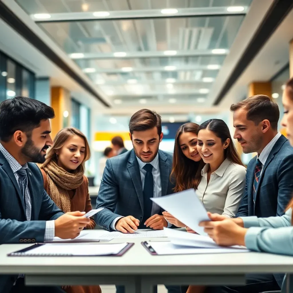 A contemporary banking office with strategic discussions taking place
