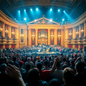 Crowd enjoying Jeezy's concert at Fox Theatre with an orchestra.