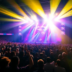 Concert scene featuring a large audience and vibrant stage lights