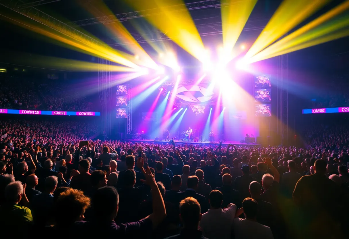 Concert scene featuring a large audience and vibrant stage lights