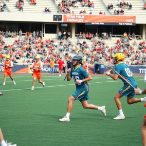 Le Moyne men's lacrosse team in action during their game against Detroit Mercy.