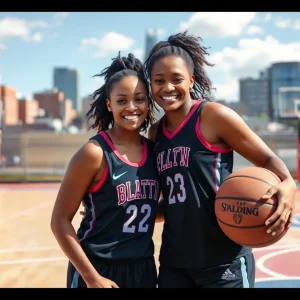Two female athletes practicing basketball on a court in Flint, Michigan.