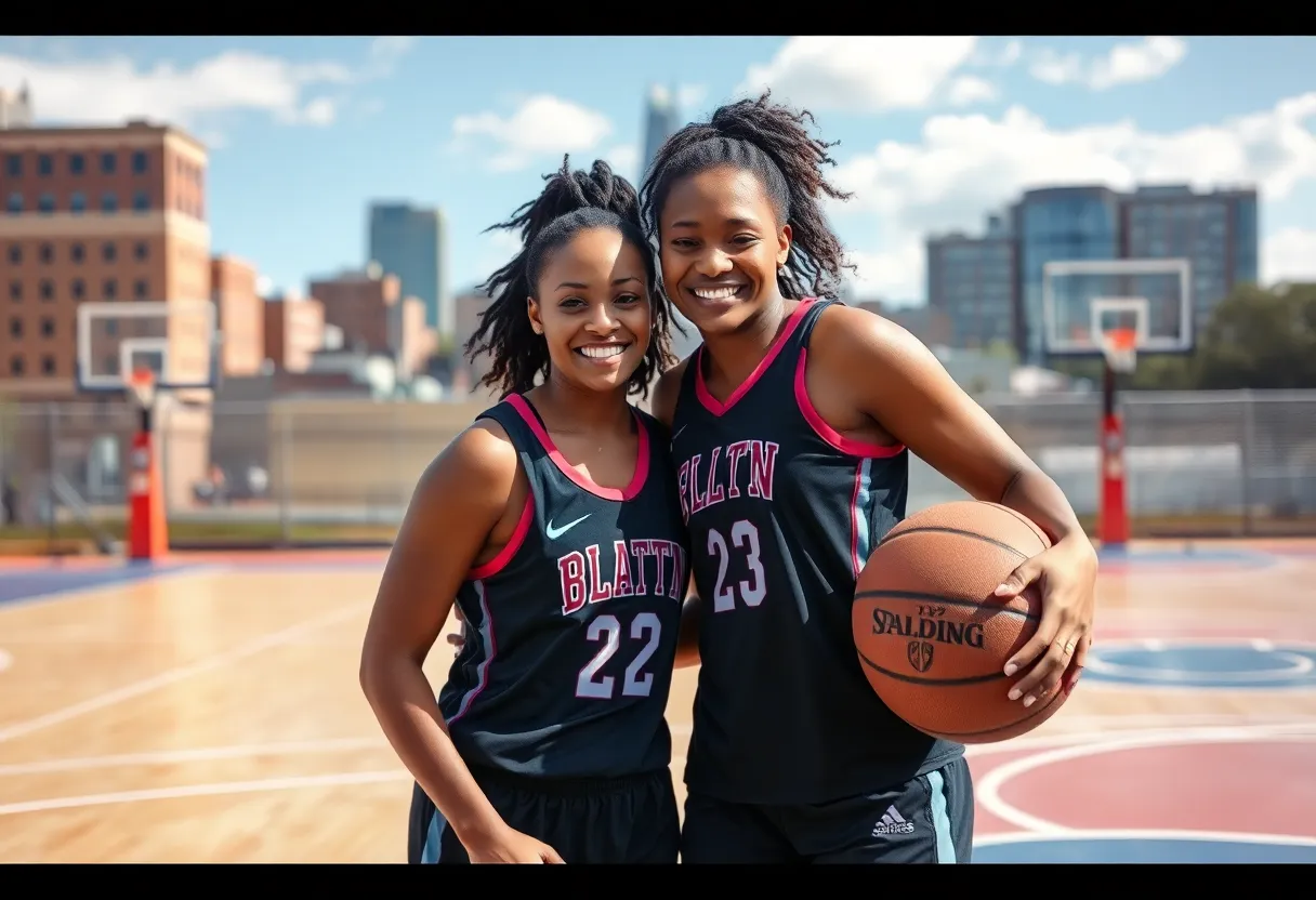 Two female athletes practicing basketball on a court in Flint, Michigan.
