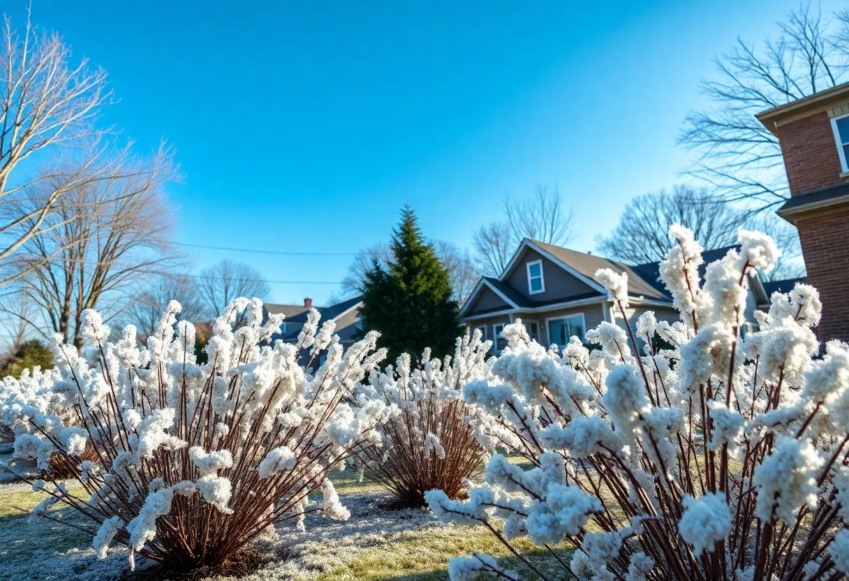 A Metro Detroit neighborhood with plants covered to protect from frost
