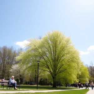 People enjoying a warm spring day in Metro Detroit with sunny skies and blooming nature