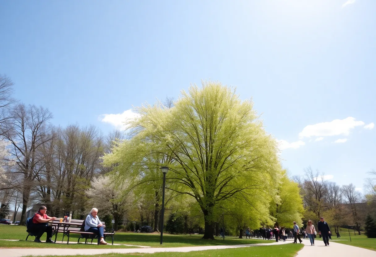People enjoying a warm spring day in Metro Detroit with sunny skies and blooming nature